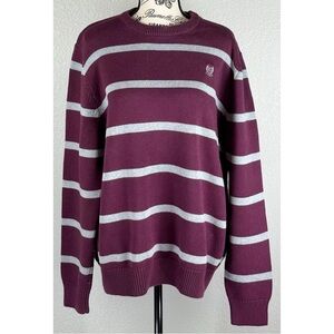 Chaps Burgundy and Gray Striped Crewneck Sweater with Embroidered Crest Large